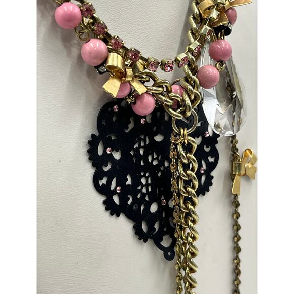 Betsey Johnson Multistrand Webb Bows Pink Beads Crystals Black Heart Necklace - Picture 10 of 10